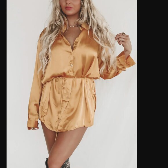 Shirt Dress Romper in Gold Honey Satin Waist Tie Long Sleeve Button Down - Picture 2 of 6